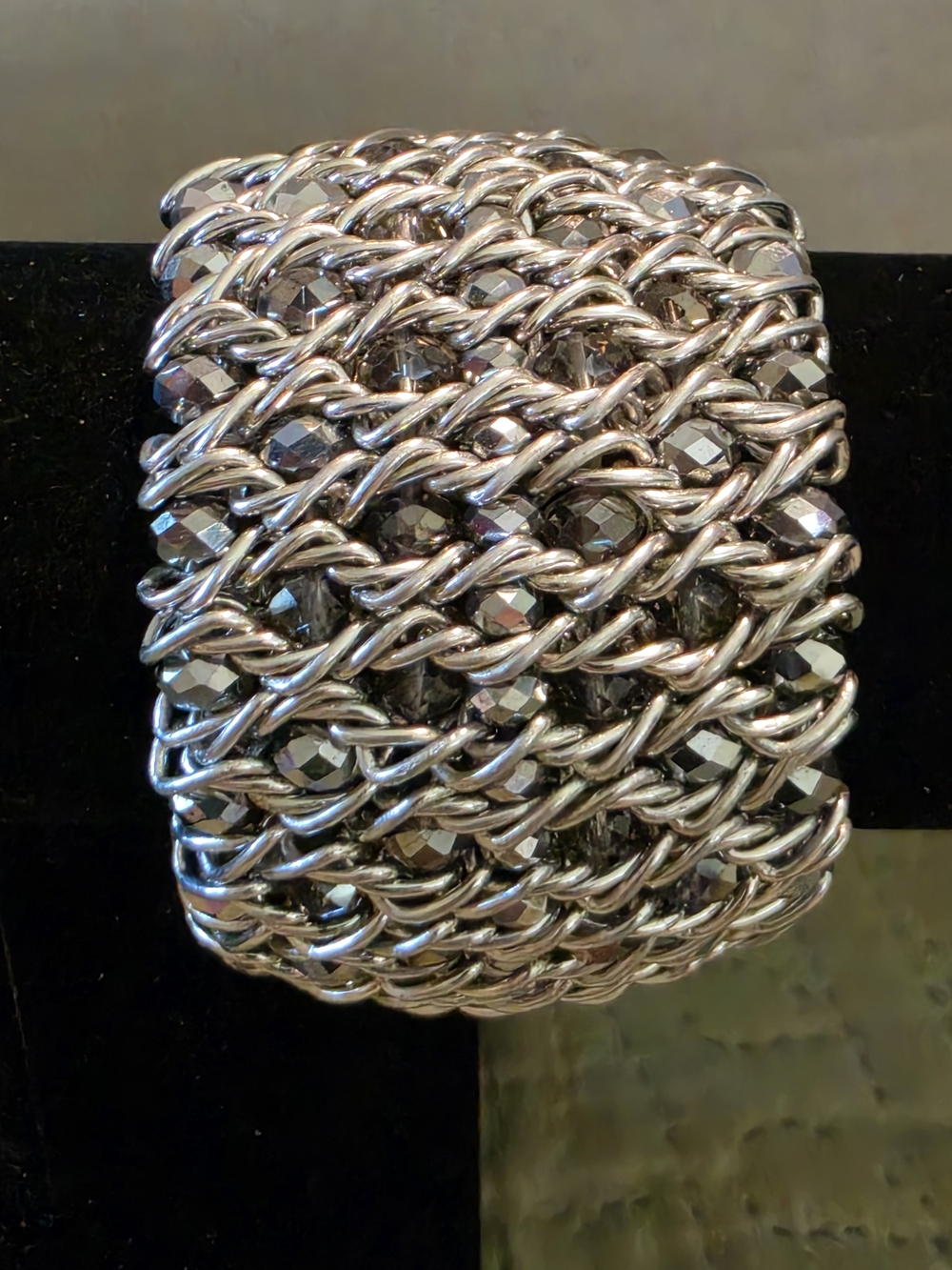 Wide Silver Tone Chain & Rhinestone Cuff Bracelet